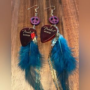 Fender Guitar Pick and Feather Peace Earrings